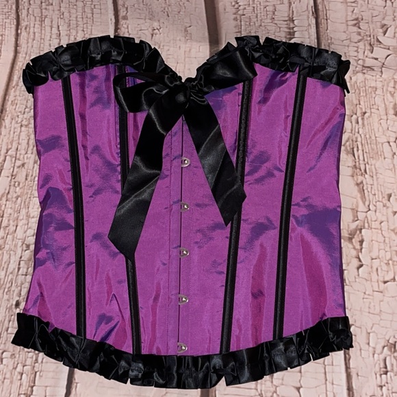 NWOT-ADORE ME SIZE XL PURPLE IRIDESCENT BUSTIER BLACK RUFFLE TRIM - Picture 2 of 8